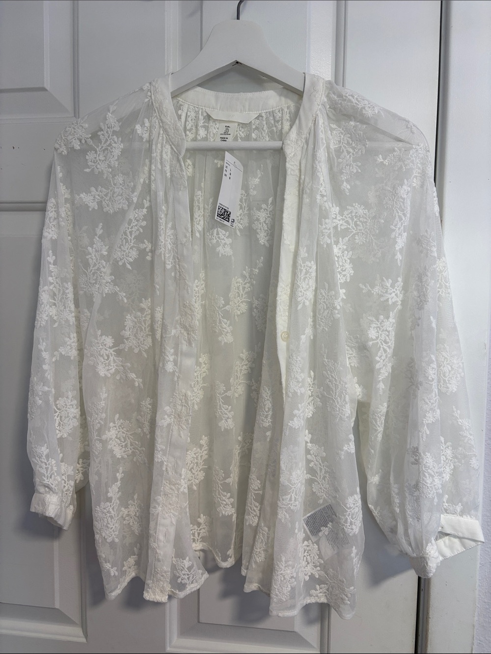 H&M White Sheer Floral Lace Button-Up Blouse